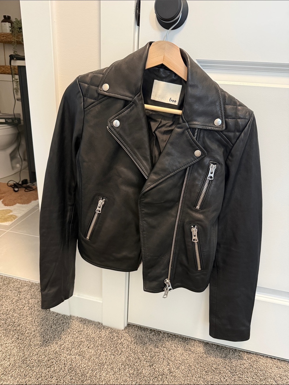 Wilfred Black Leather Moto Jacket with Quilted Shoulders